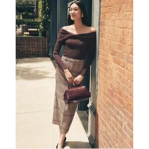 NWT Ann Taylor The Trouser Column Midi Skirt In Plaid Tan Women’s Size 0